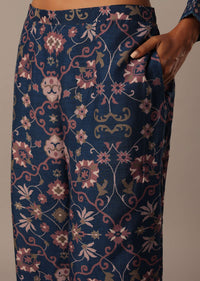 Blue Shirt Kurta And Pant Set With Printed Motifs