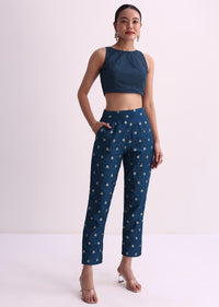 Blue Silk Crop Top And Pant Set With Bandhani Print Jacket