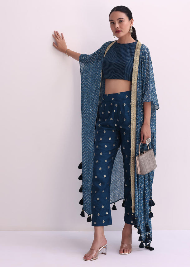 Blue Silk Crop Top And Pant Set With Bandhani Print Jacket