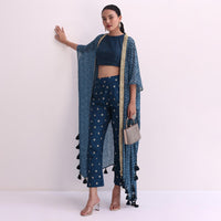 Blue Silk Crop Top And Pant Set With Bandhani Print Jacket