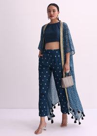Blue Silk Crop Top And Pant Set With Bandhani Print Jacket