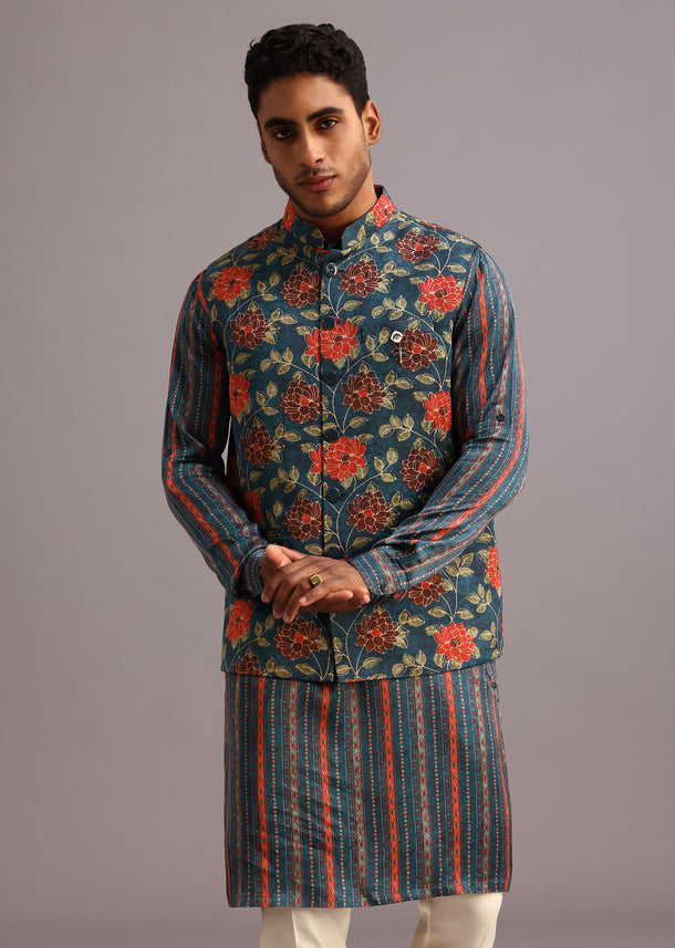 Blue Silk Floral And Stripe Print Jacket Kurta Set
