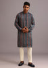 Blue Silk Floral And Stripe Print Jacket Kurta Set