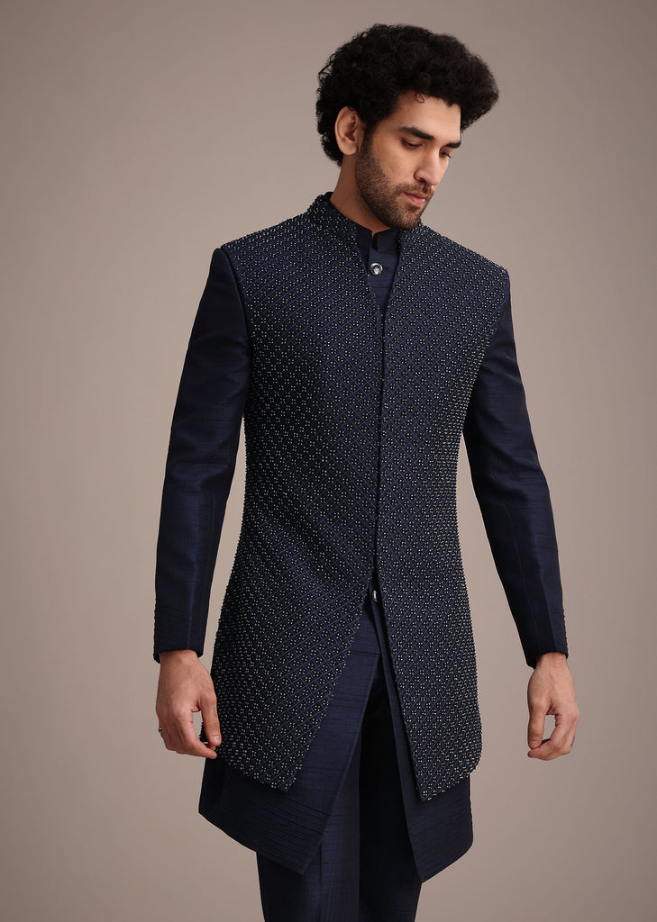 Blue Silk Indowestern Set With Embroidery