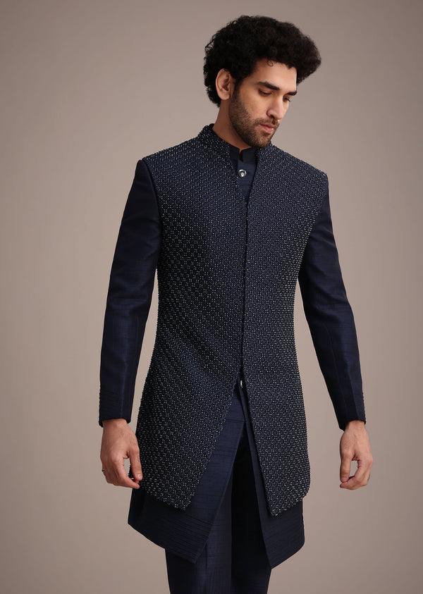 Blue Silk Indowestern Set With Embroidery