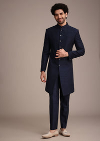 Blue Silk Indowestern Set With Embroidery