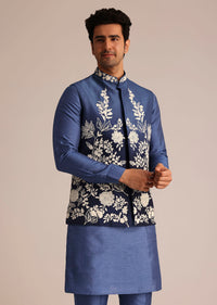 Blue Silk Jacket Set With Dori Work