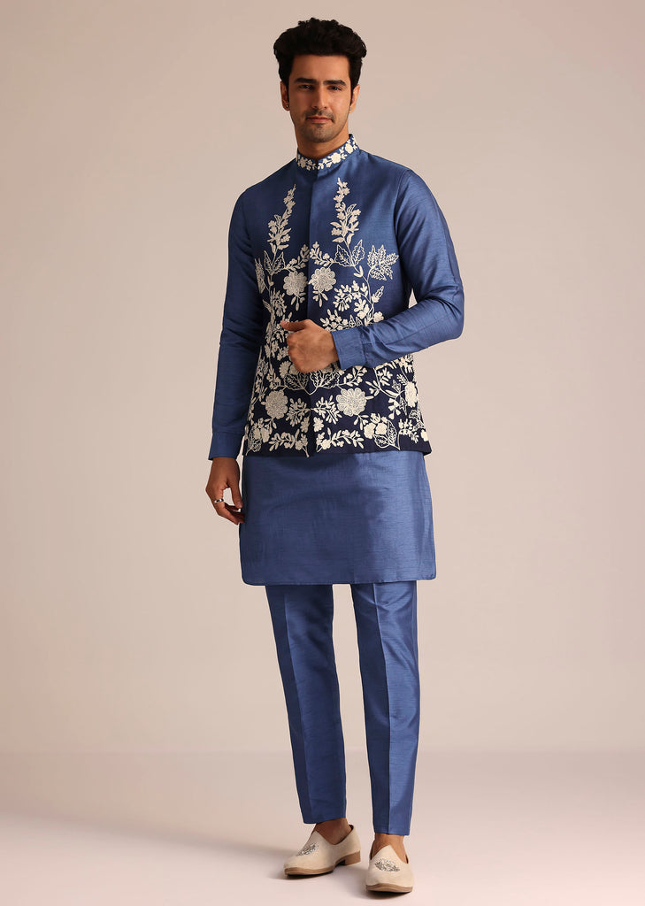 Blue Silk Jacket Set With Dori Work