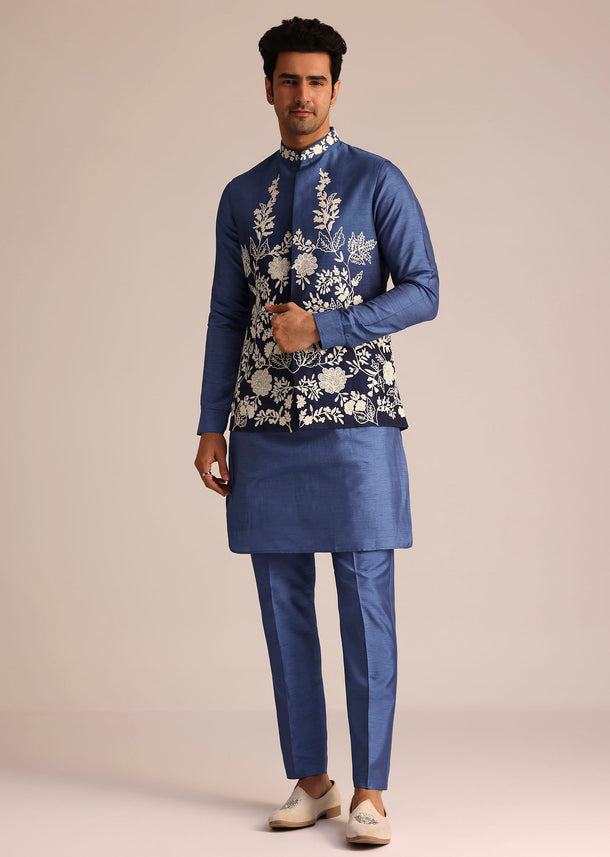 Blue Silk Jacket Set With Dori Work