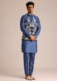 Blue Silk Jacket Set With Dori Work