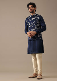 Blue Silk Kurta And Floral Bundi Set