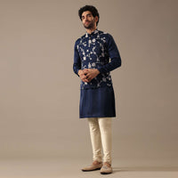 Blue Silk Kurta And Floral Bundi Set