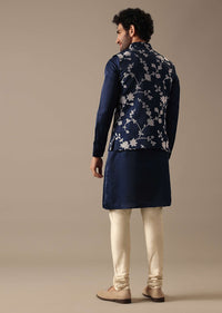 Blue Silk Kurta And Floral Bundi Set