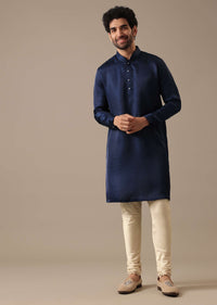 Blue Silk Kurta And Floral Bundi Set