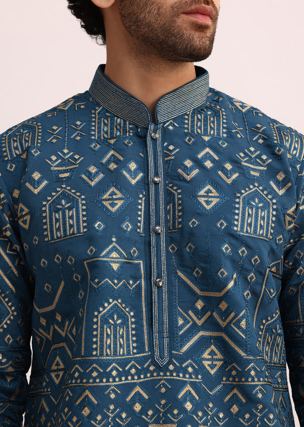 Blue Silk Kurta Set With Applique Work