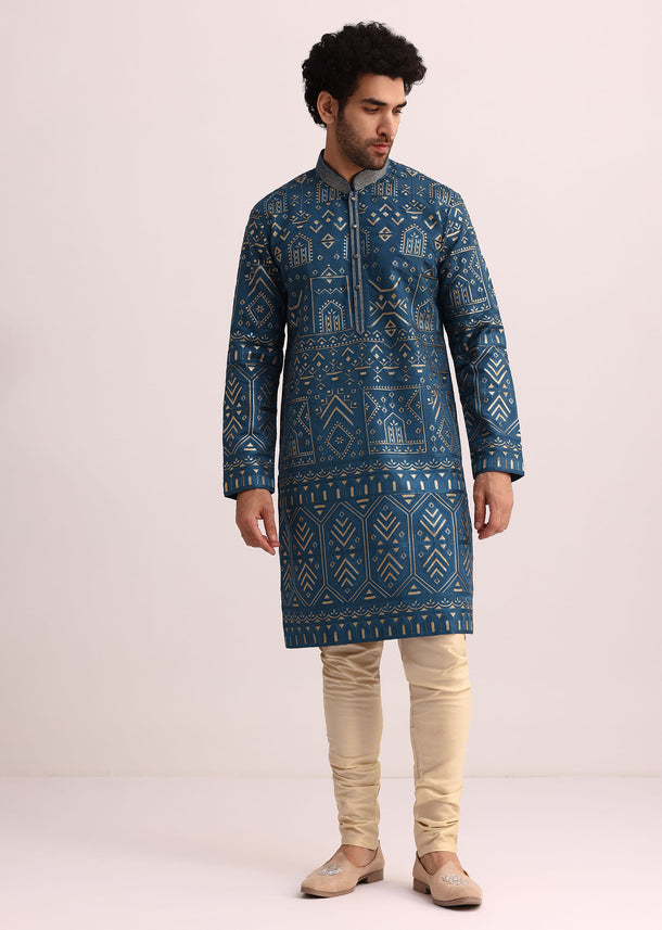 Blue Silk Kurta Set With Applique Work