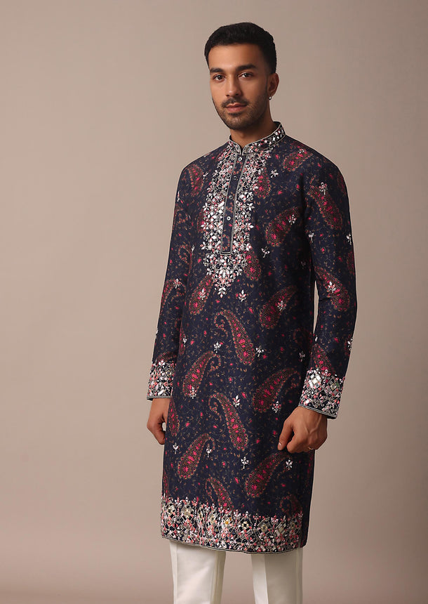 Blue Silk Kurta Set With Intricate Thread And Mirror Work Embroidery