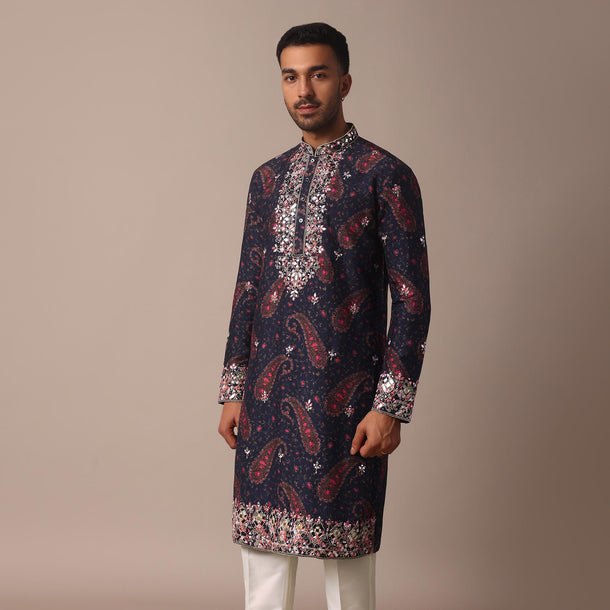 Blue Silk Kurta Set With Intricate Thread And Mirror Work Embroidery