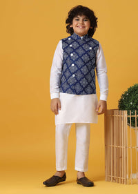 Blue Silk Printed Jacket Kurta Set for Boys