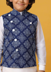 Blue Silk Printed Jacket Kurta Set for Boys