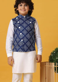 Blue Silk Printed Jacket Kurta Set for Boys