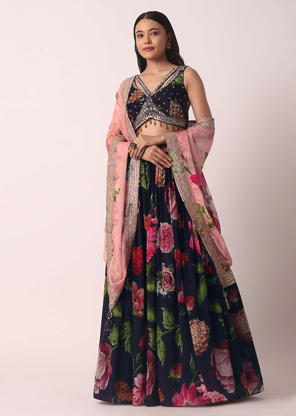 Blue Silk Printed Lehenga Set