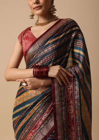 Blue Silk Saree With Digital Kalamkari Prints And Unstitched Blouse