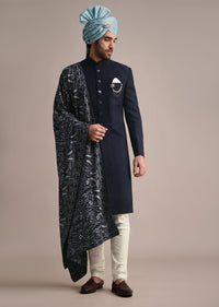 Blue Silk Sherwani With Pashmina Dupatta