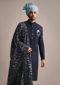 Blue Silk Sherwani With Pashmina Dupatta