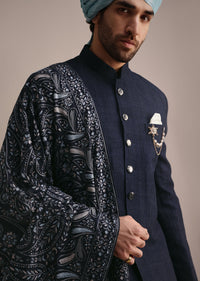 Blue Silk Sherwani With Pashmina Dupatta