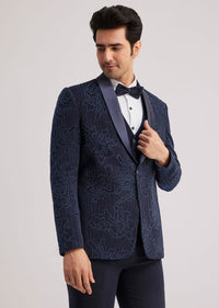 Blue Silk Tuxedo With Resham Work