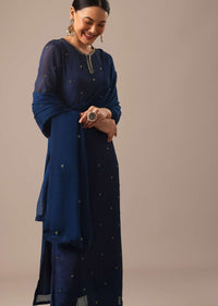 Blue Slim Fit Hand Embroidered Kurta Set With Sequin Work