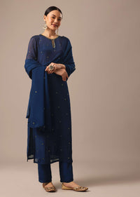 Blue Slim Fit Hand Embroidered Kurta Set With Sequin Work