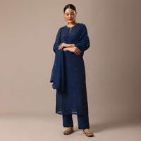 Blue Slim Fit Hand Embroidered Kurta Set With Sequin Work