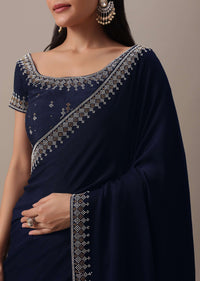 Blue Stone Embellished Saree In Satin