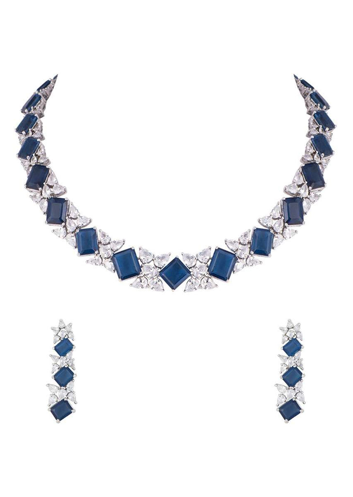 Blue Stone Studded Choker And Earrings Set In Geometric Design With Faux Diamonds By Aster