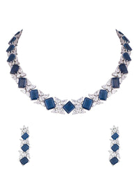 Blue Stone Studded Choker And Earrings Set In Geometric Design With Faux Diamonds By Aster