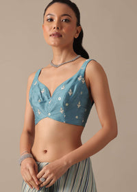 Blue Striped Saree In Satin With Belt And Unstitched Blouse Piece