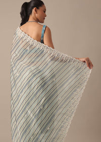 Blue Striped Saree In Satin With Belt And Unstitched Blouse Piece