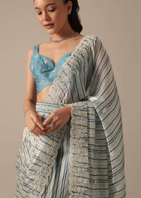 Blue Striped Saree In Satin With Belt And Unstitched Blouse Piece