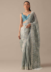 Blue Striped Saree In Satin With Belt And Unstitched Blouse Piece