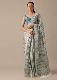 Blue Striped Saree In Satin With Belt And Unstitched Blouse Piece