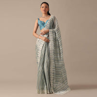 Blue Striped Saree In Satin With Belt And Unstitched Blouse Piece