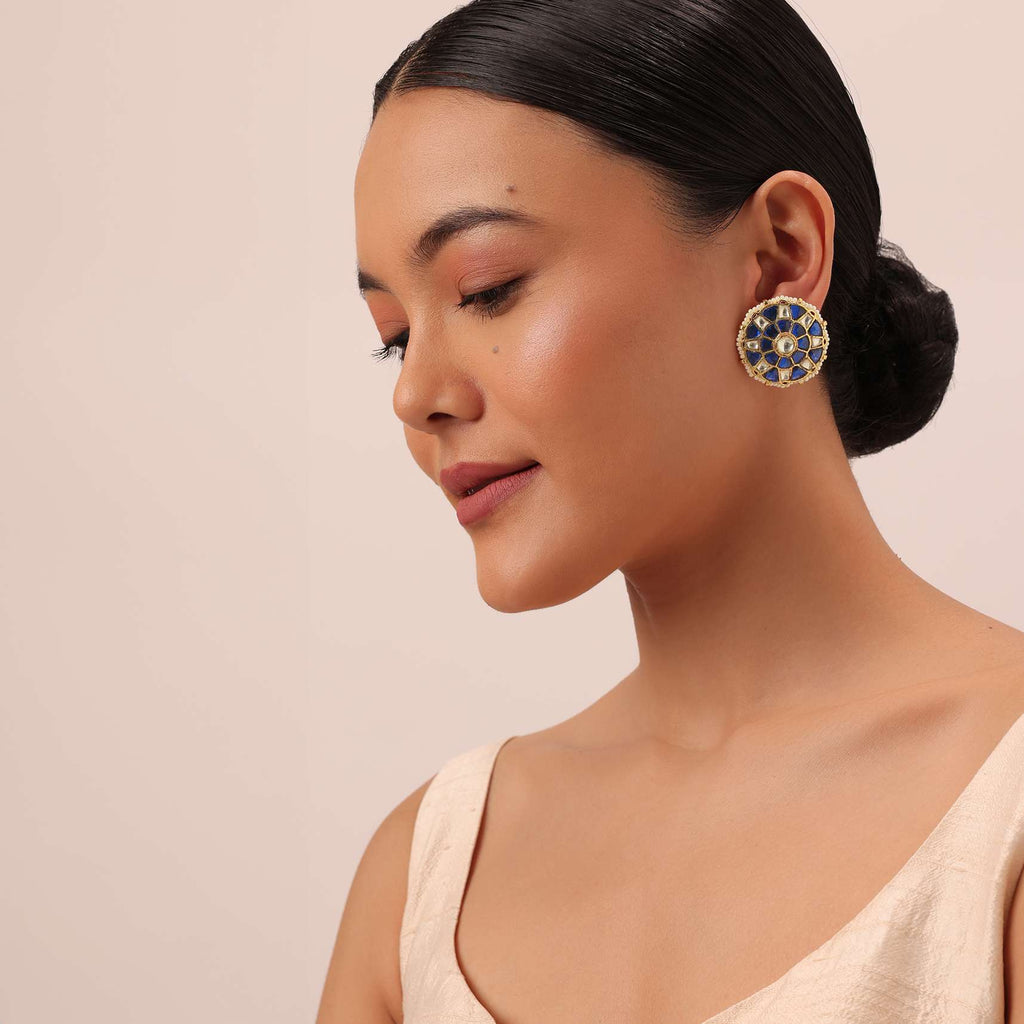 Blue Studs With Meenakari And Polki Stones