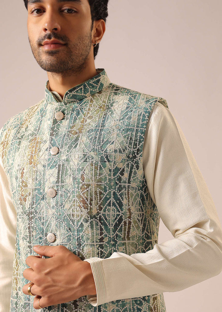 Blue Thread Embroidered Jacket And Kurta Set