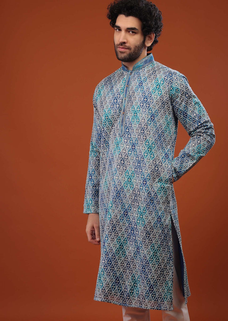 Blue Thread EmbroideredChinon Silk Kurta Set