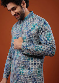 Blue Thread EmbroideredChinon Silk Kurta Set