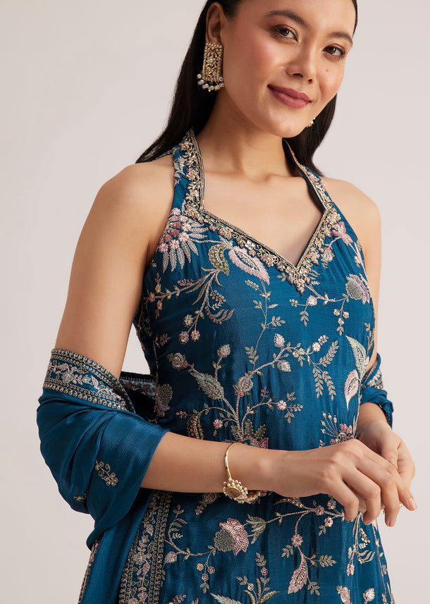 Blue Thread Work Sharara Suit With Dupatta