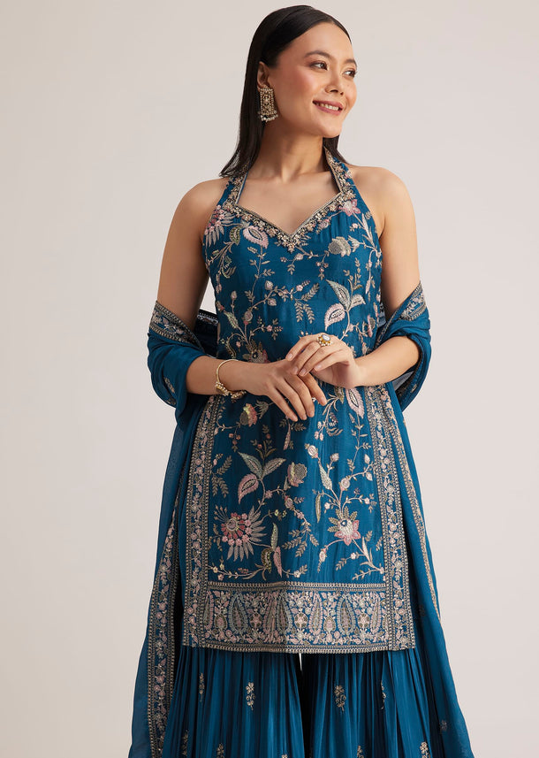 Blue Thread Work Sharara Suit With Dupatta