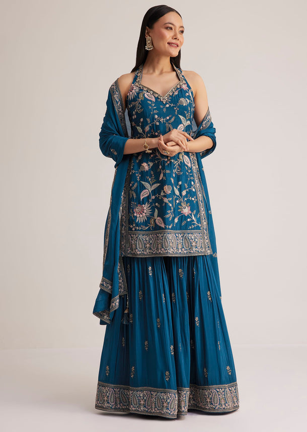 Blue Thread Work Sharara Suit With Dupatta